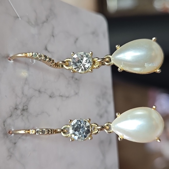 Gold Tone Silver Fuax Pearl Drop Earrings - Picture 6 of 17